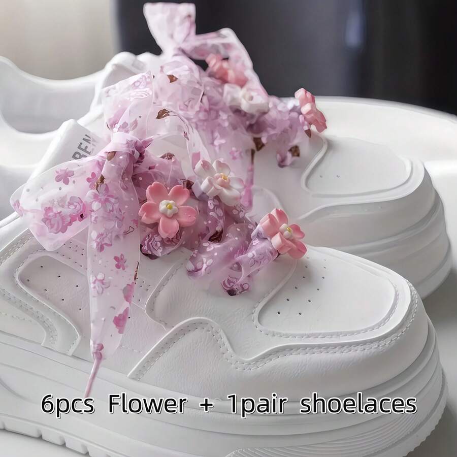 8 kom/set mrežaste pertle za patike sa printom roze cvetova trešnje, 3D realistični cvetovi
