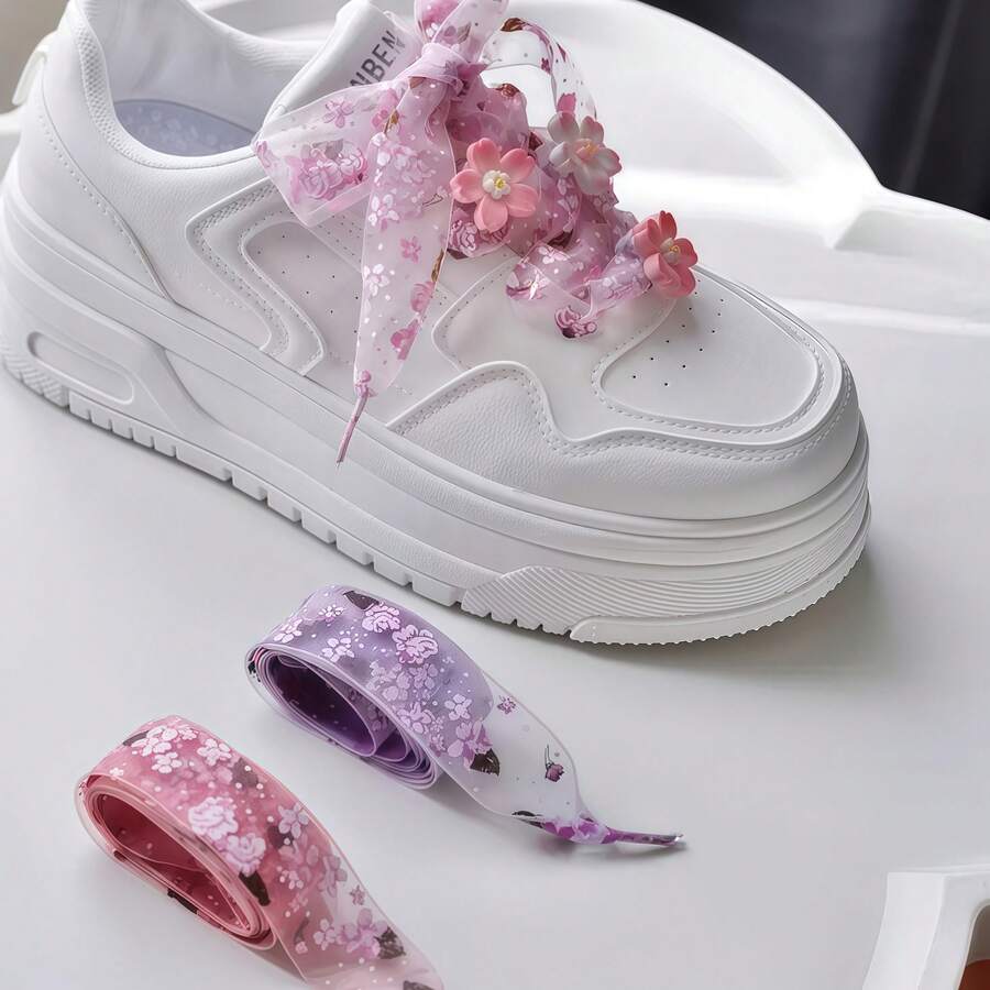 8 kom/set mrežaste pertle za patike sa printom roze cvetova trešnje, 3D realistični cvetovi