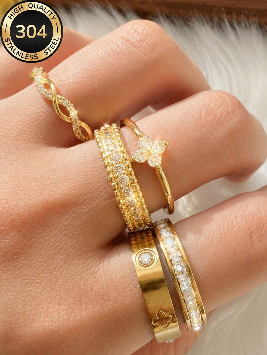 Set od 5 slojevitih prstena od nerđajućeg čelika 304 i bakra pozlaćenog 18K zlatom
