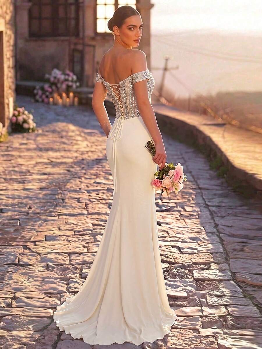 Elegantna luksuzna sirenina haljina za žene sa spuštenim ramenima