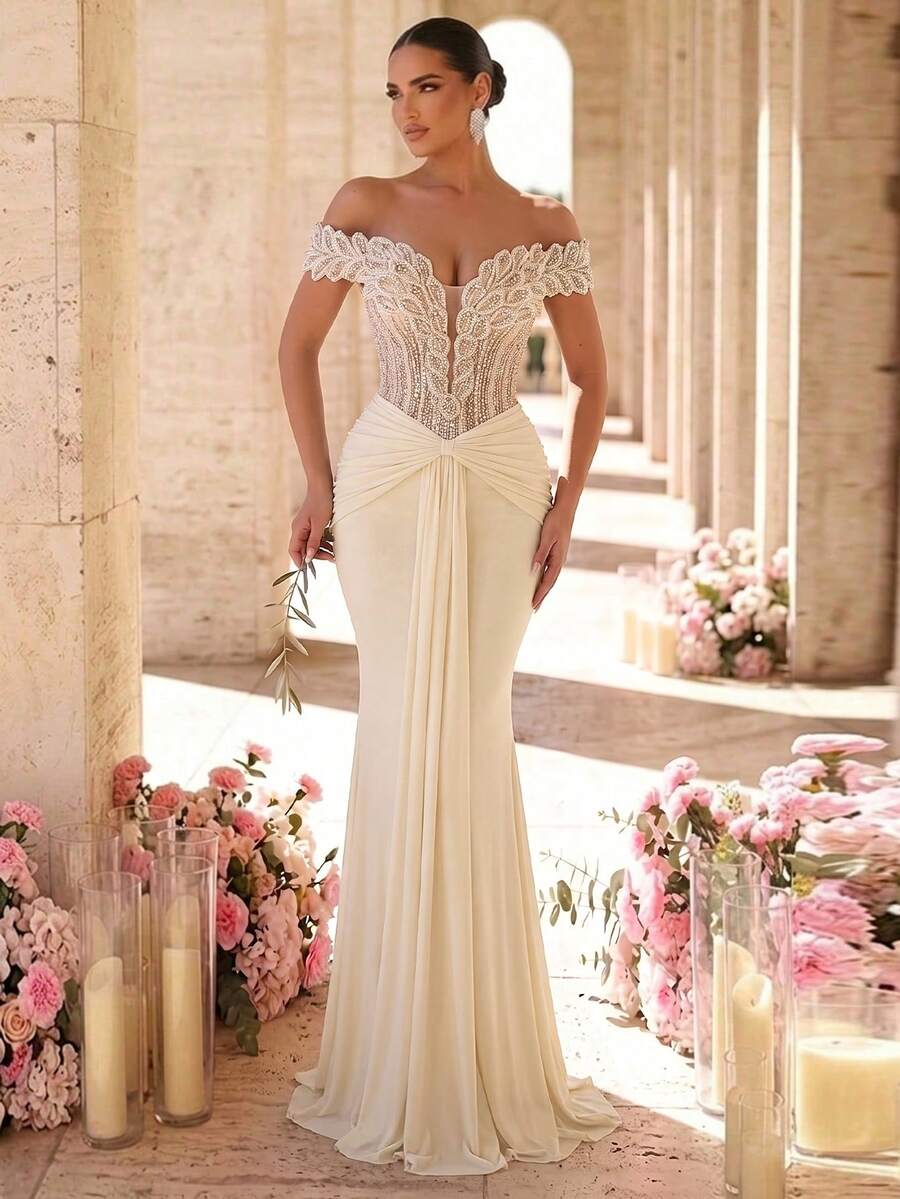 Elegantna luksuzna sirenina haljina za žene sa spuštenim ramenima