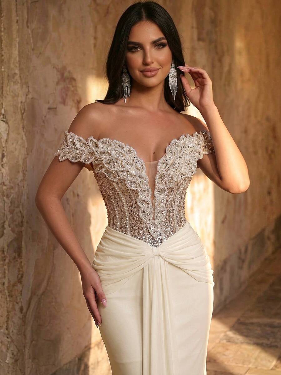 Elegantna luksuzna sirenina haljina za žene sa spuštenim ramenima