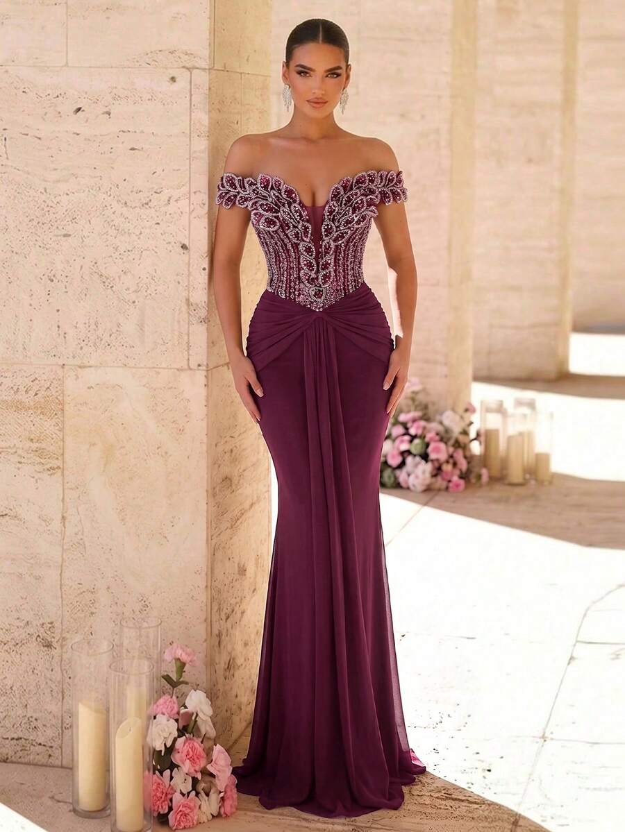 Elegantna luksuzna sirenina haljina za žene sa spuštenim ramenima