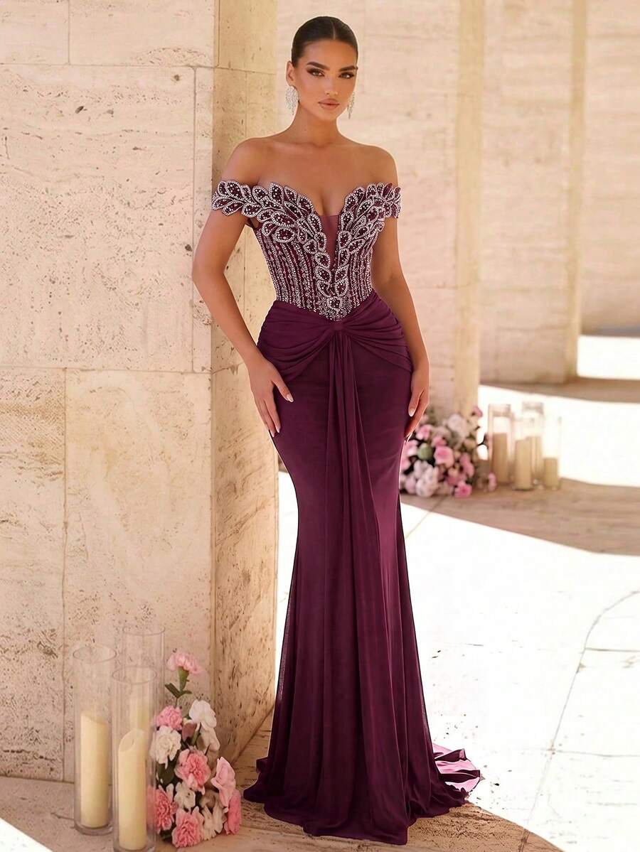 Elegantna luksuzna sirenina haljina za žene sa spuštenim ramenima