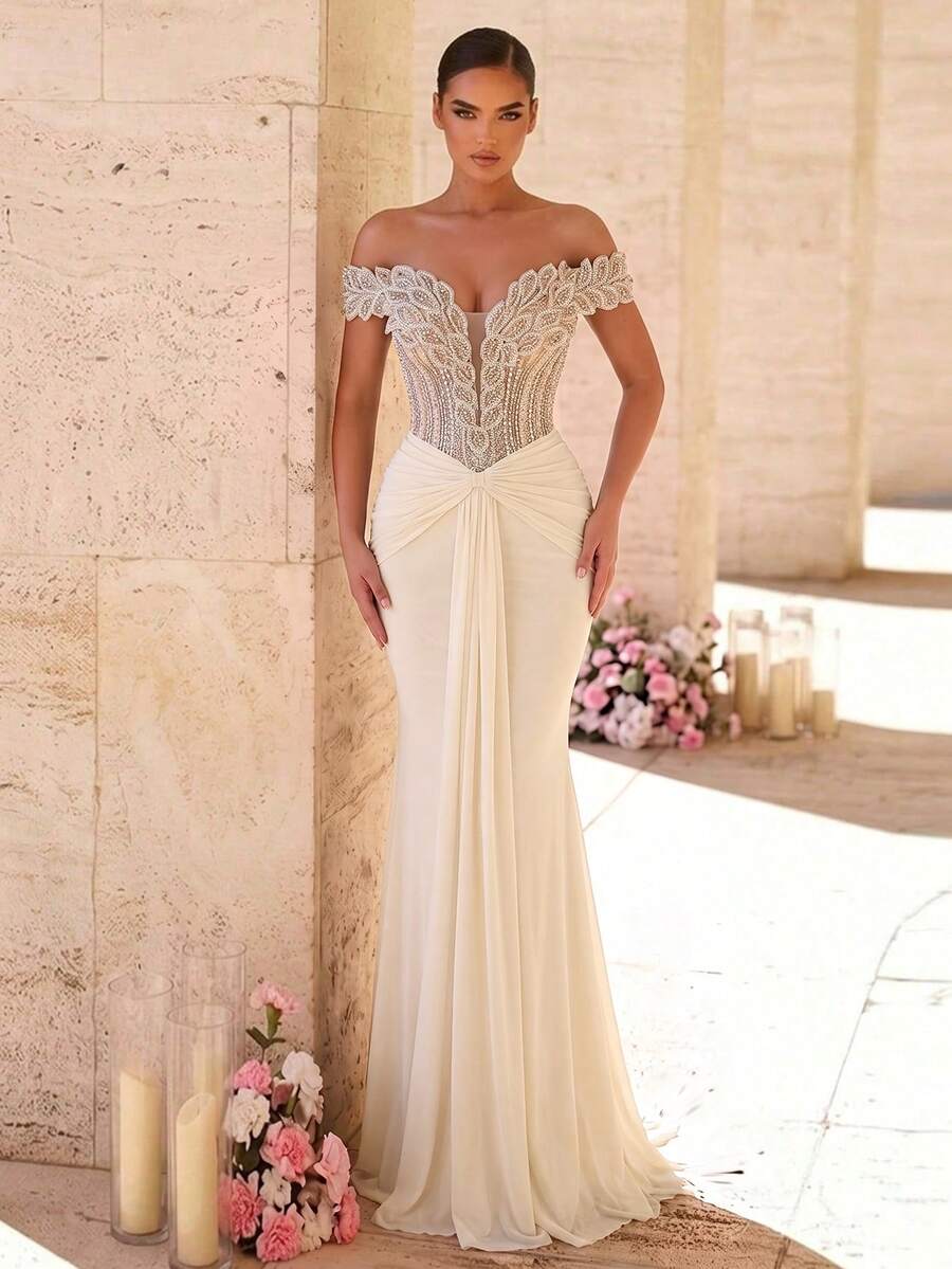 Elegantna luksuzna sirenina haljina za žene sa spuštenim ramenima
