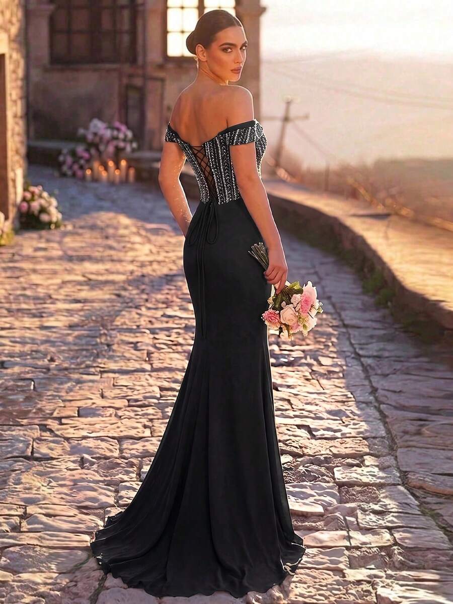 Elegantna luksuzna sirenina haljina za žene sa spuštenim ramenima