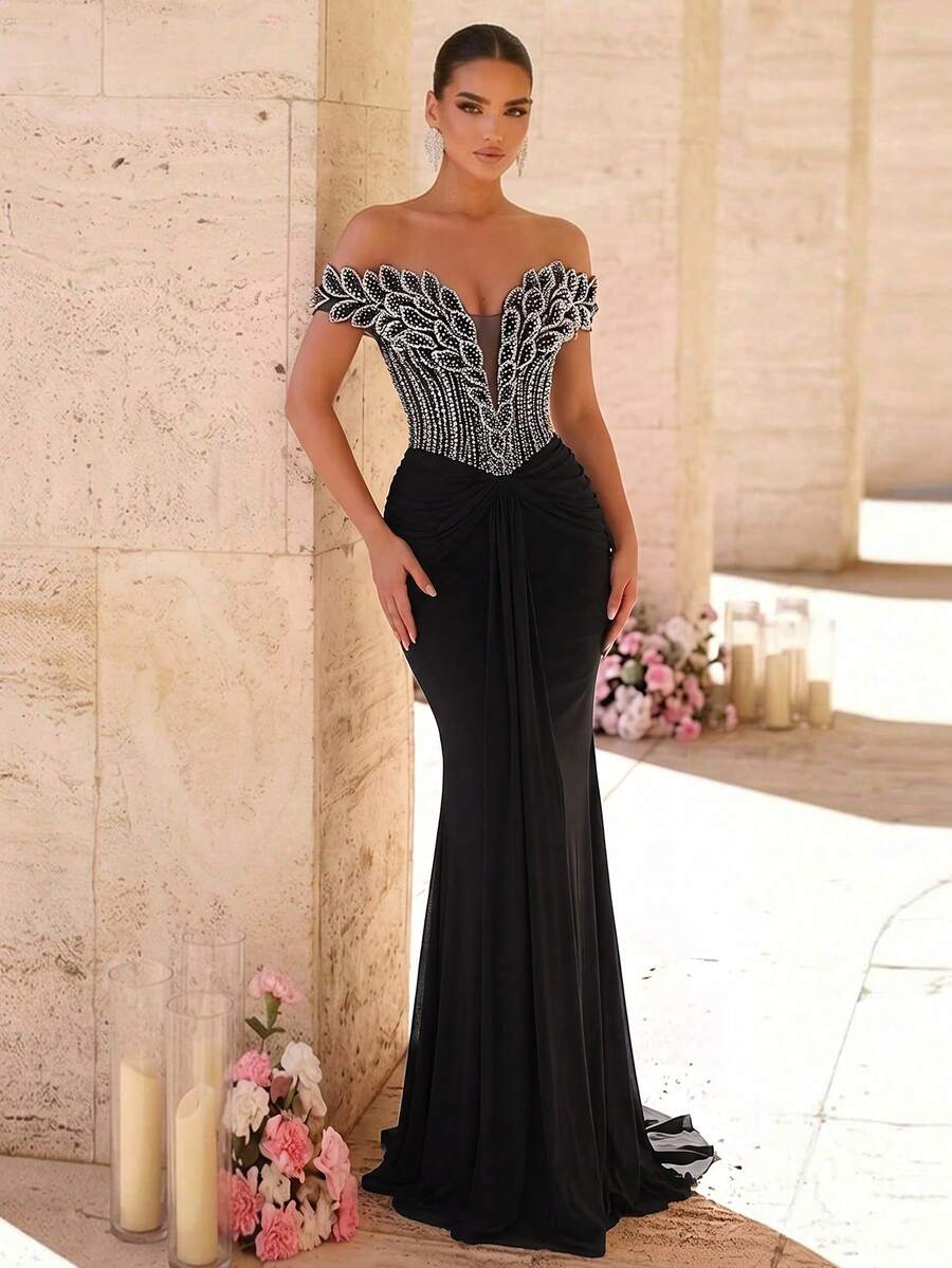 Elegantna luksuzna sirenina haljina za žene sa spuštenim ramenima
