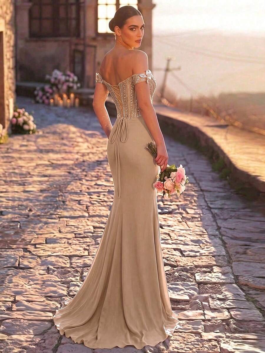 Elegantna luksuzna sirenina haljina za žene sa spuštenim ramenima