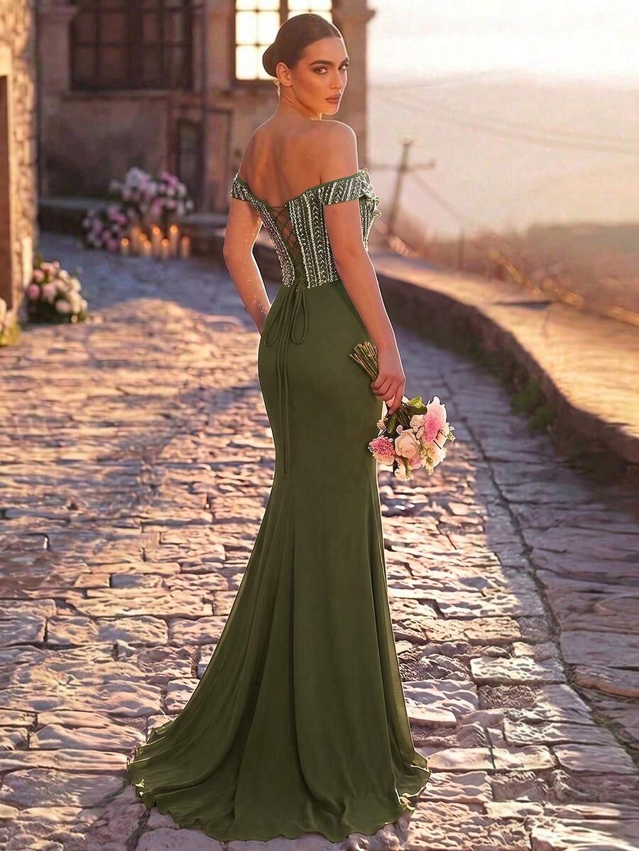 Elegantna luksuzna sirenina haljina za žene sa spuštenim ramenima