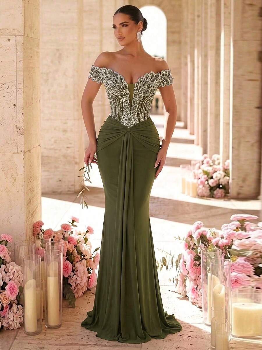 Elegantna luksuzna sirenina haljina za žene sa spuštenim ramenima