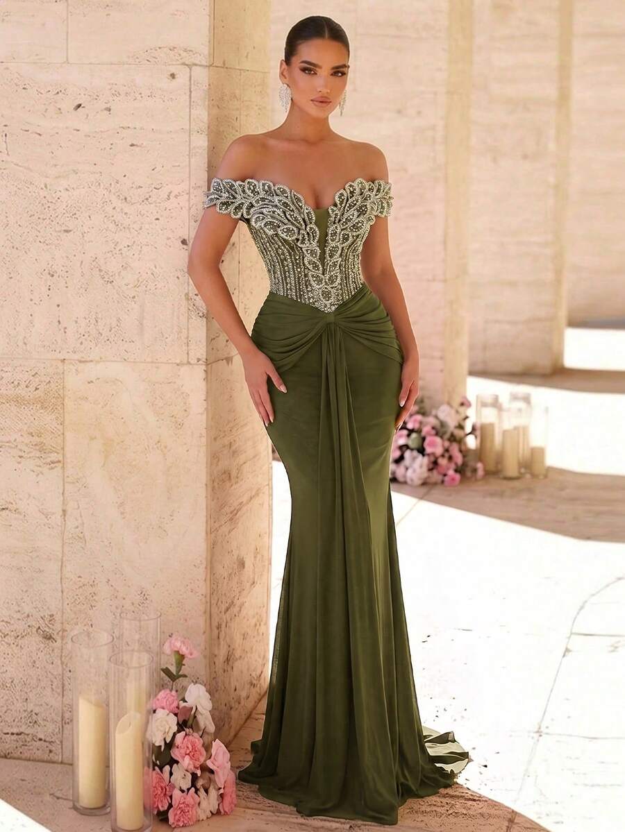 Elegantna luksuzna sirenina haljina za žene sa spuštenim ramenima