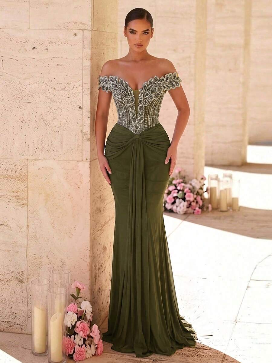 Elegantna luksuzna sirenina haljina za žene sa spuštenim ramenima