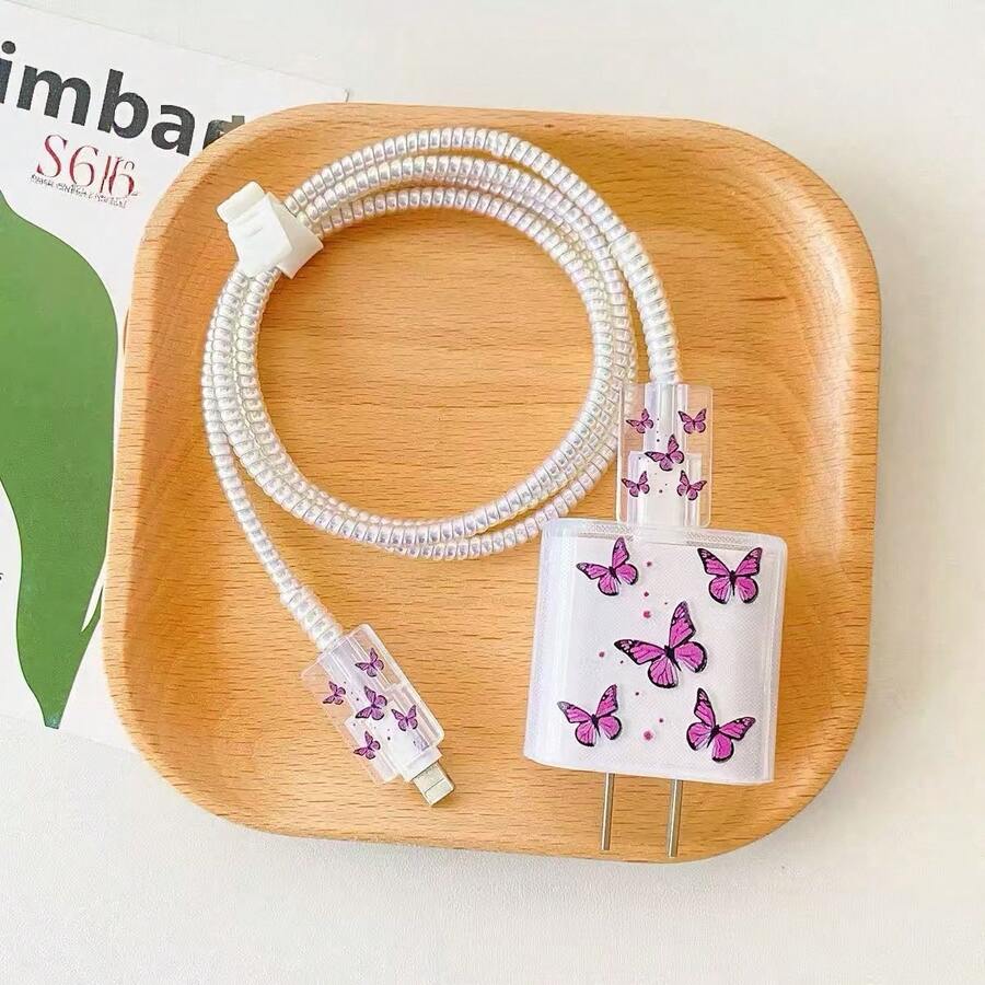 5 komada ružičastih TPU zaštitnih navlaka za kabl za punjenje u obliku srca/lepete/cveta/ljubičastog srca mačke, kompatibilno sa Apple 18/20W punjačima