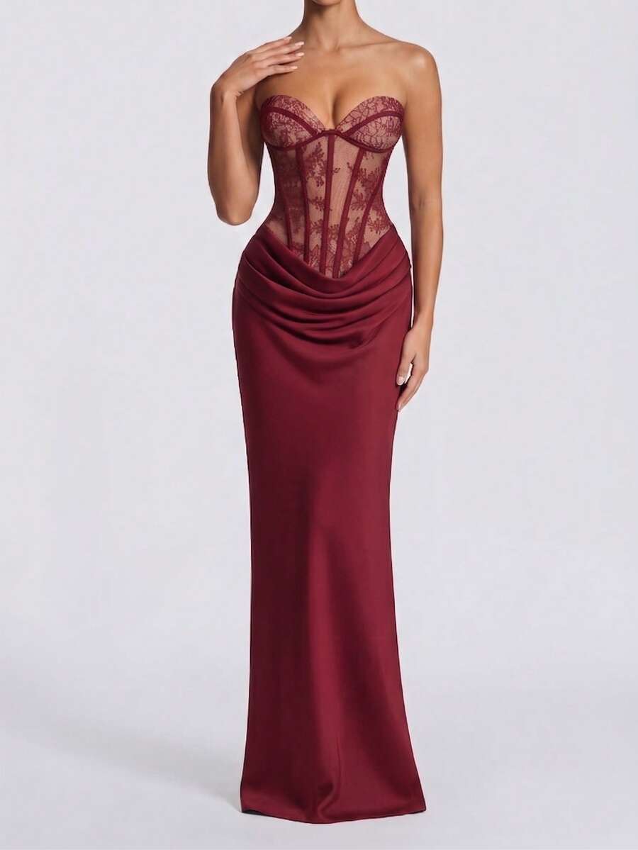 Elegantna seksi plisirana bordo duga haljina od čipke