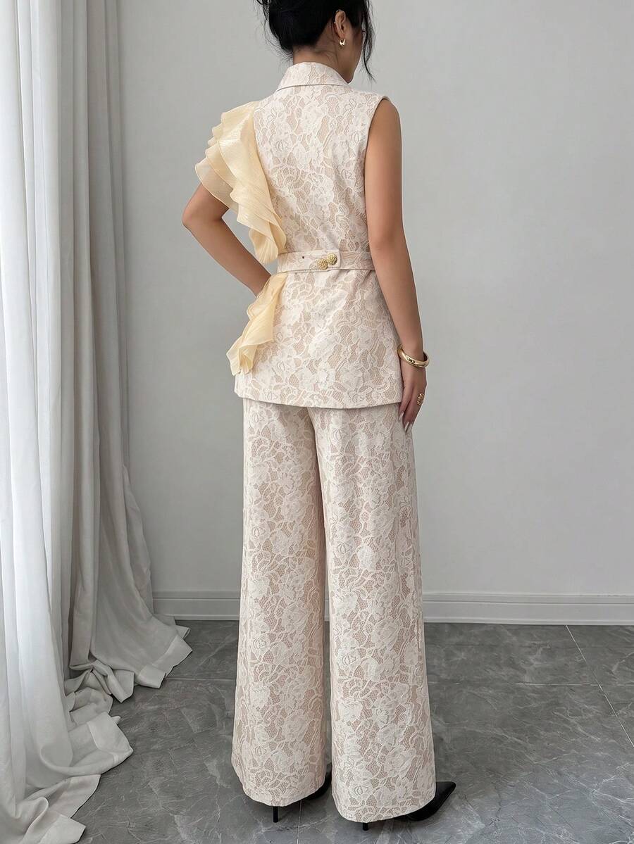 Ženski elegantni letnji luksuzni set -blejzer sa volanim kragnom i vezivanjem u struku uz pantalone