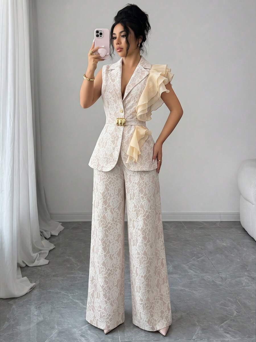 Ženski elegantni letnji luksuzni set -blejzer sa volanim kragnom i vezivanjem u struku uz pantalone