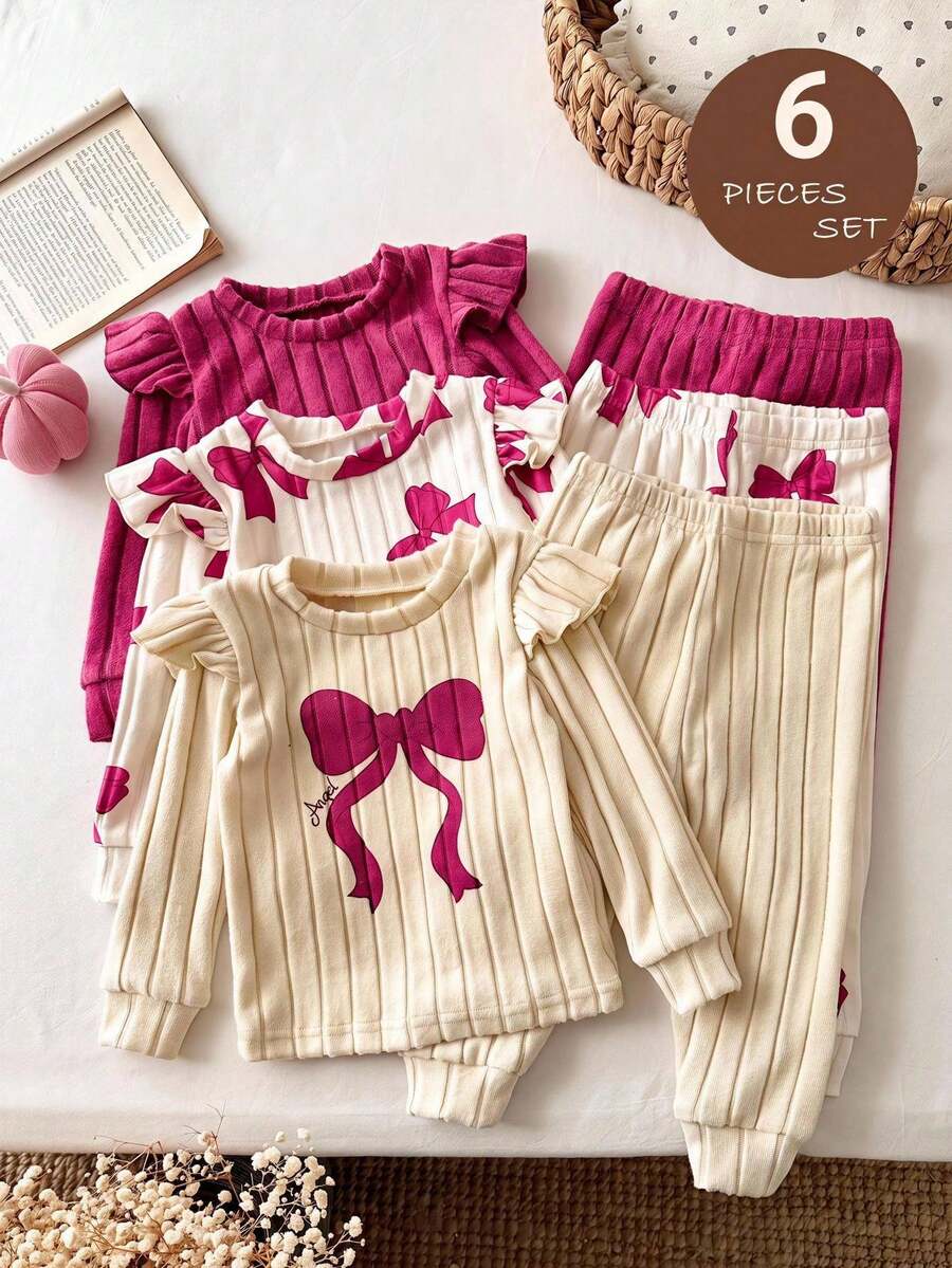 Set od 6 komada za devojčice bebe: pletena majica sa srcastim uzorkom, okruglim izrezom  i duge pantalone