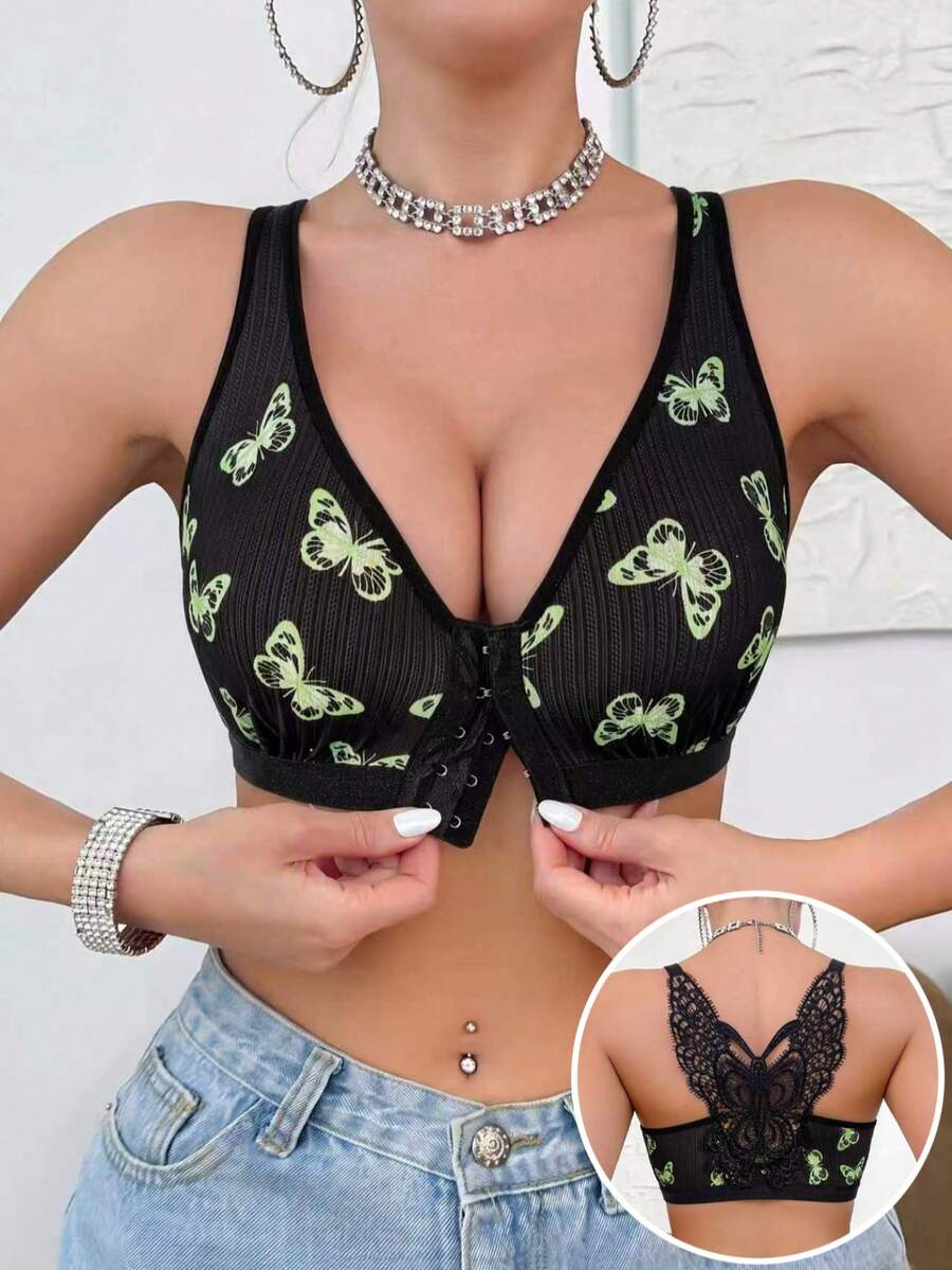 Ženski seksi grudnjak sa kopčom napred i printom leptira