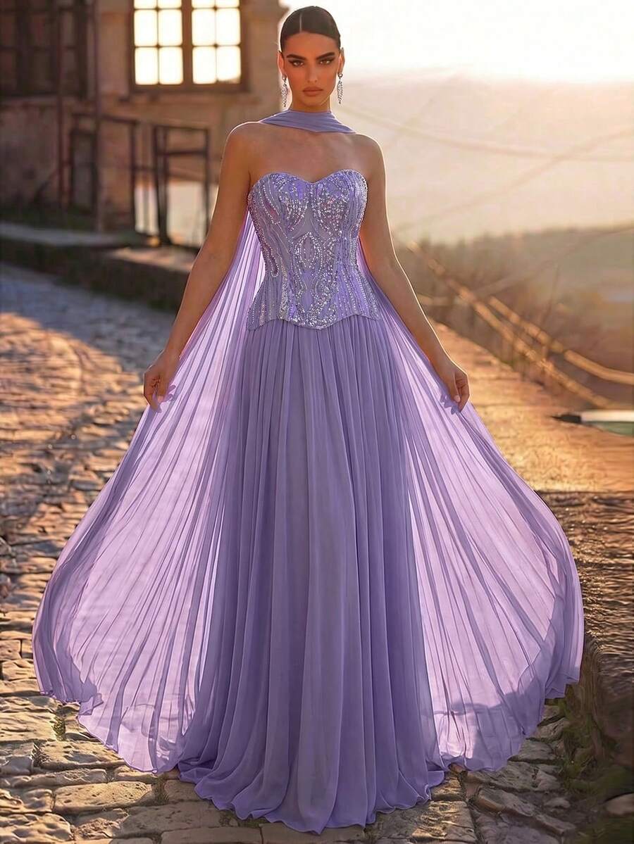 Elegantna luksuzna večernja haljina od satena, sa perlicama