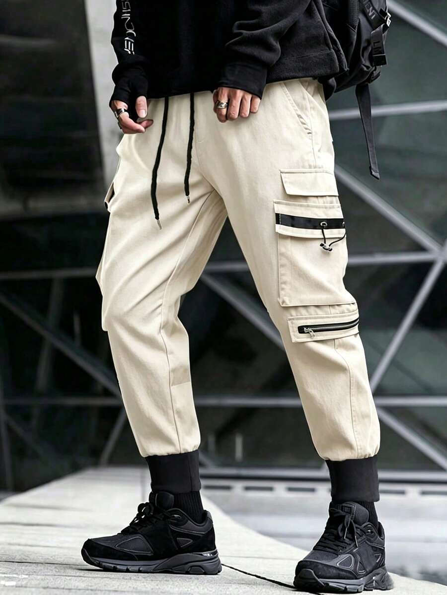Muške široke cargo pantalone sa perticom u struku, jednobojne