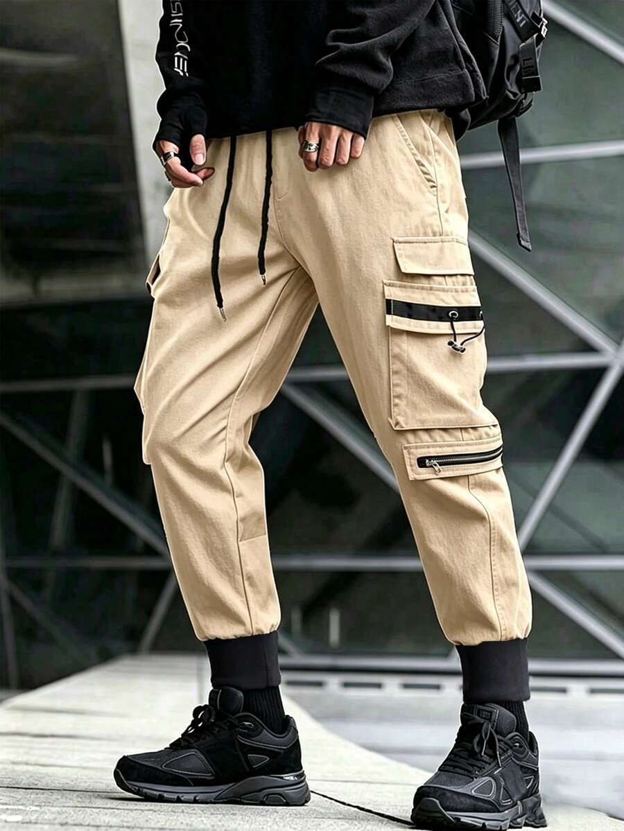 Muške široke cargo pantalone sa perticom u struku, jednobojne