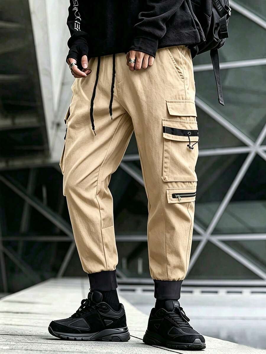 Muške široke cargo pantalone sa perticom u struku, jednobojne