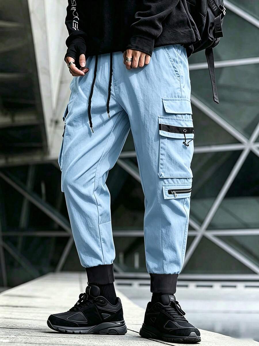 Muške široke cargo pantalone sa perticom u struku, jednobojne