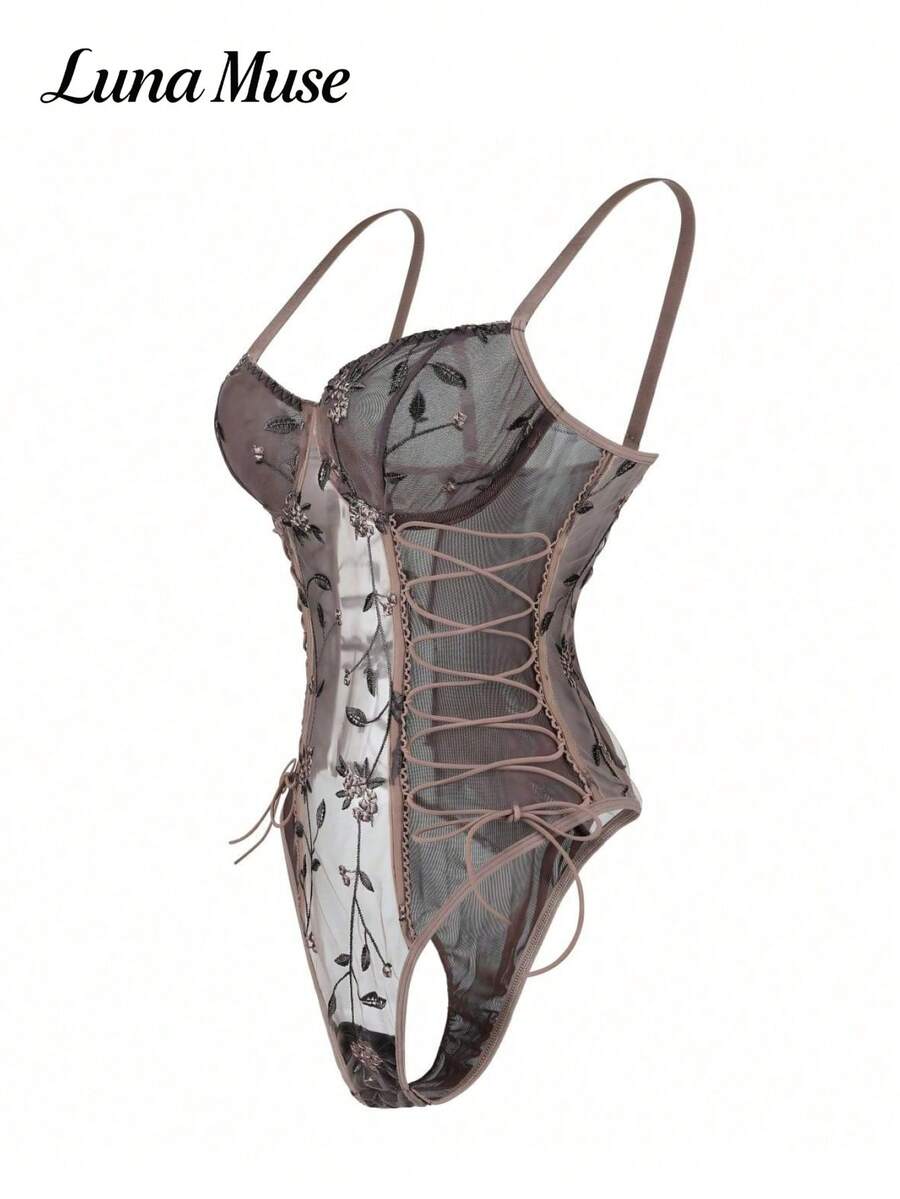 Vintage bodi sa cvetnim vezom, uski kroj