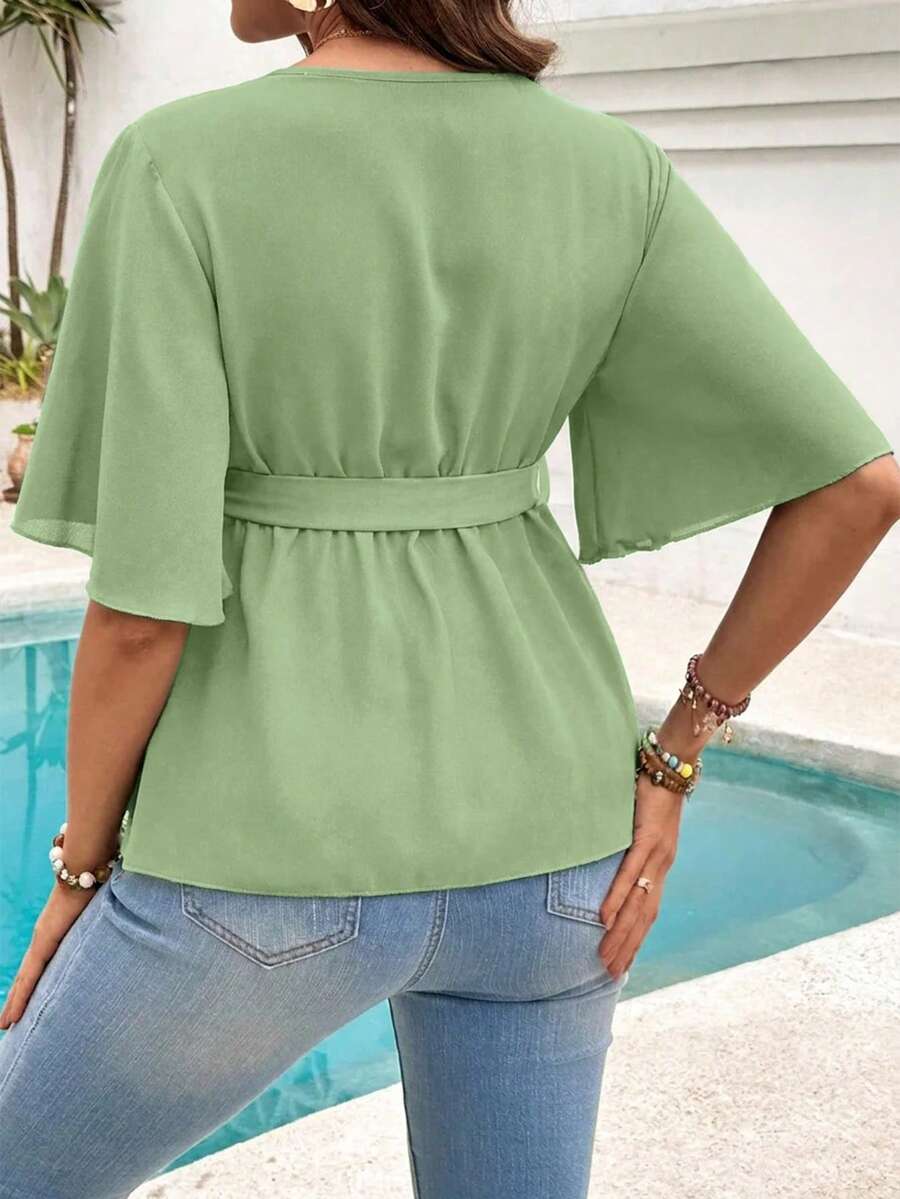 Bluza sa V-izrezom, volanima i pojasom, top za trudnice