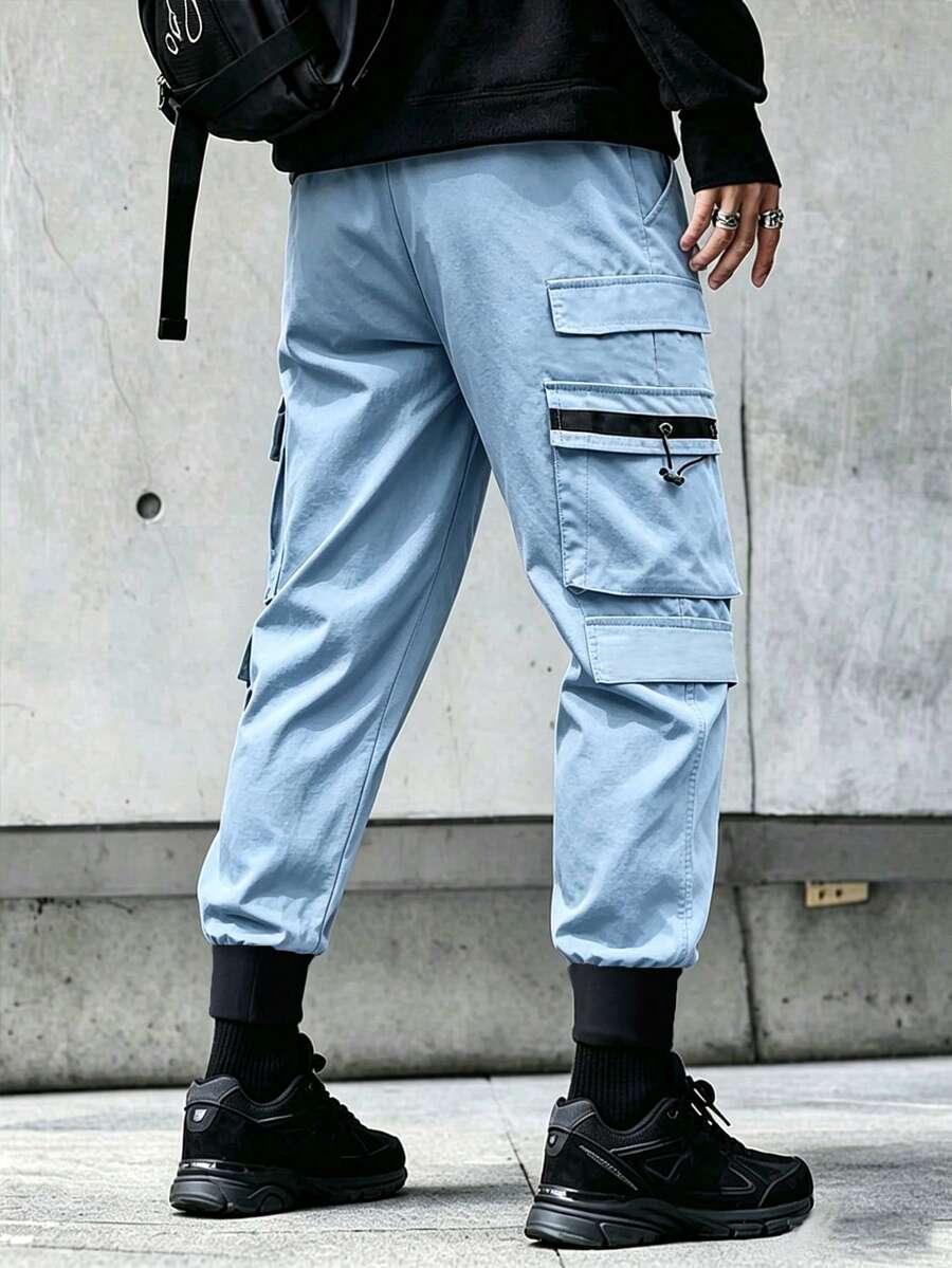 Muške široke cargo pantalone sa perticom u struku, jednobojne