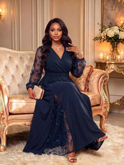 Elegantna haljina , plus size, sa vezom i mrežastim detaljima