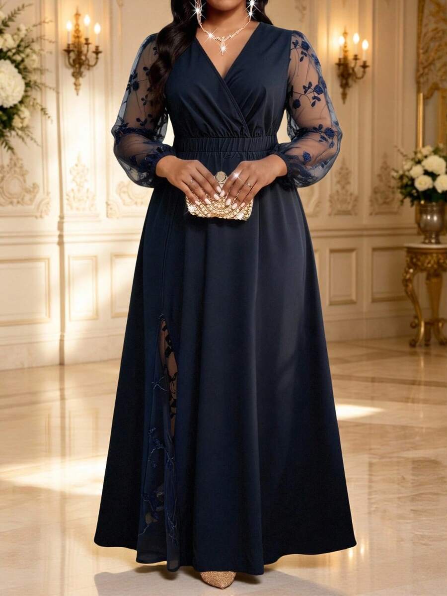 Elegantna haljina , plus size, sa vezom i mrežastim detaljima