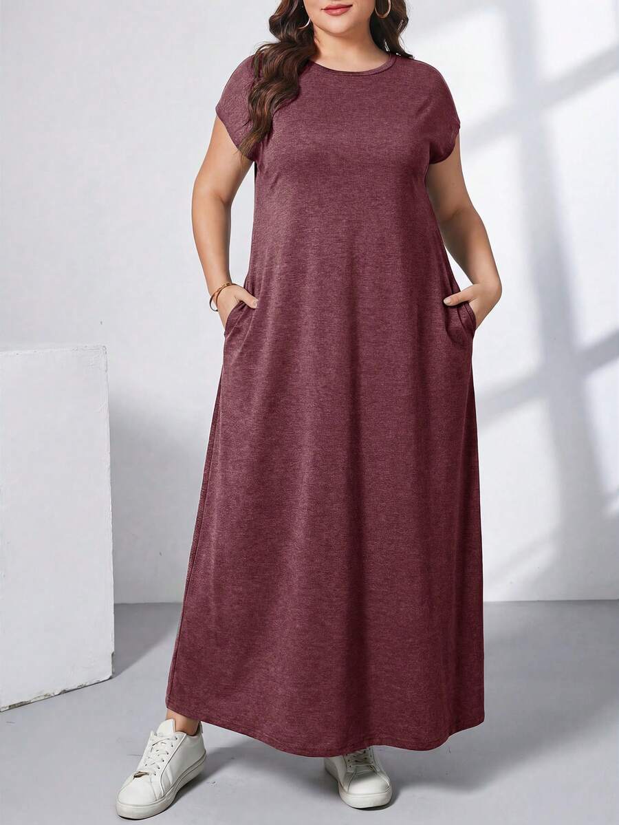 Ženska ležerna haljina plus size, jednobojna, sa okruglim izrezom, kratkim rukavima i džepom