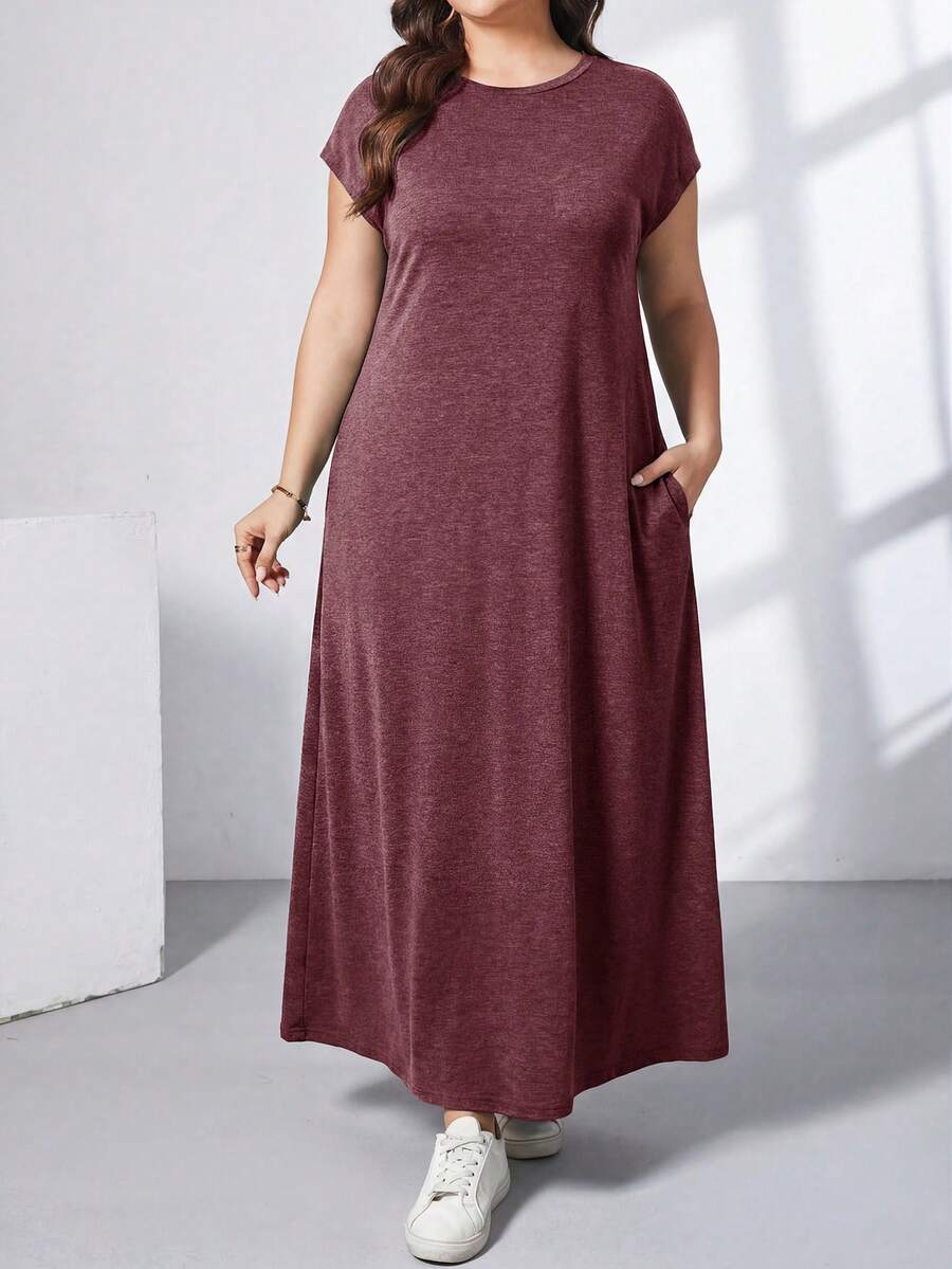 Ženska ležerna haljina plus size, jednobojna, sa okruglim izrezom, kratkim rukavima i džepom