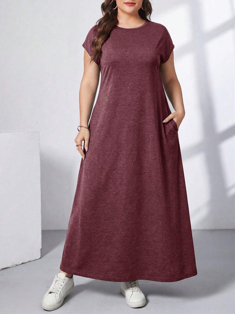 Ženska ležerna haljina plus size, jednobojna, sa okruglim izrezom, kratkim rukavima i džepom