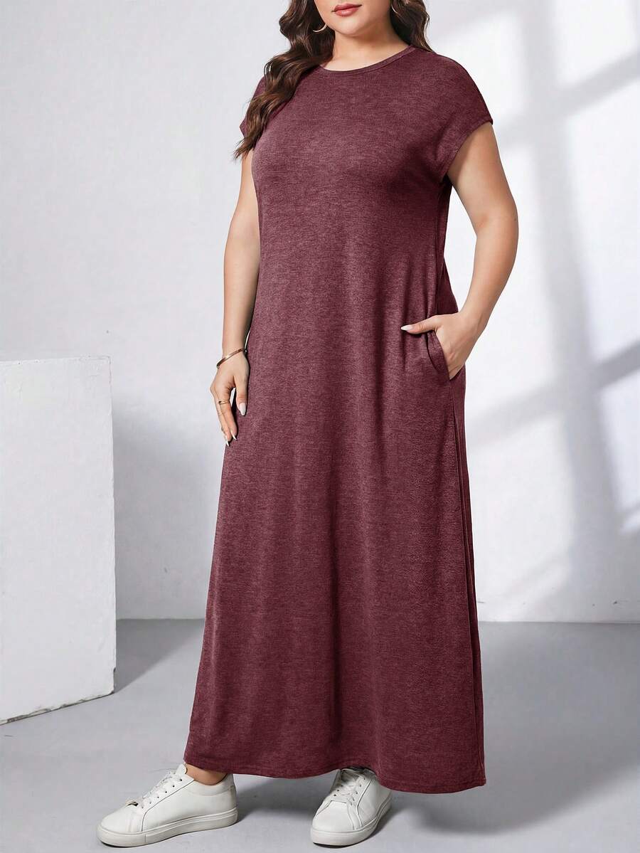 Ženska ležerna haljina plus size, jednobojna, sa okruglim izrezom, kratkim rukavima i džepom