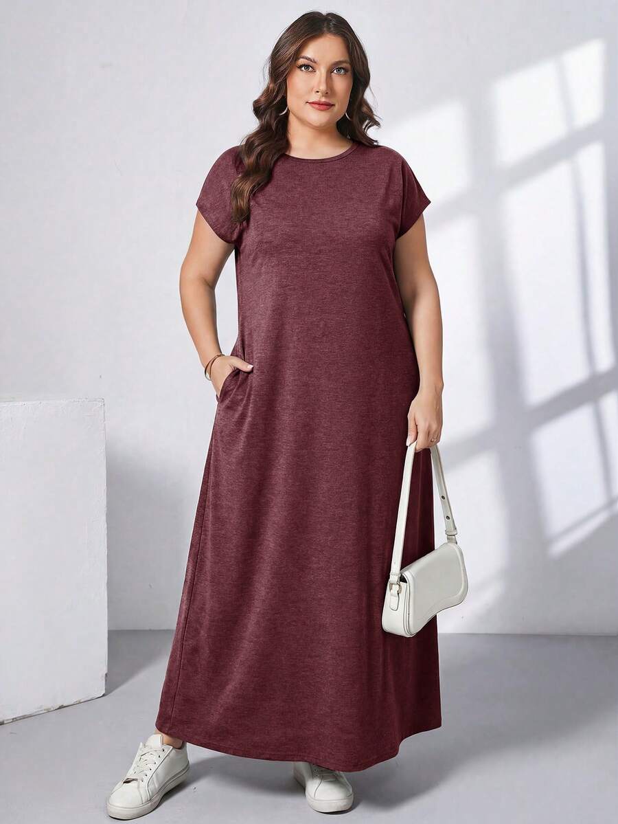 Ženska ležerna haljina plus size, jednobojna, sa okruglim izrezom, kratkim rukavima i džepom
