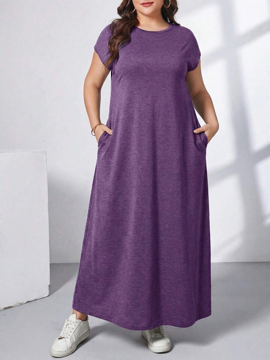 Ženska ležerna haljina plus size, jednobojna, sa okruglim izrezom, kratkim rukavima i džepom