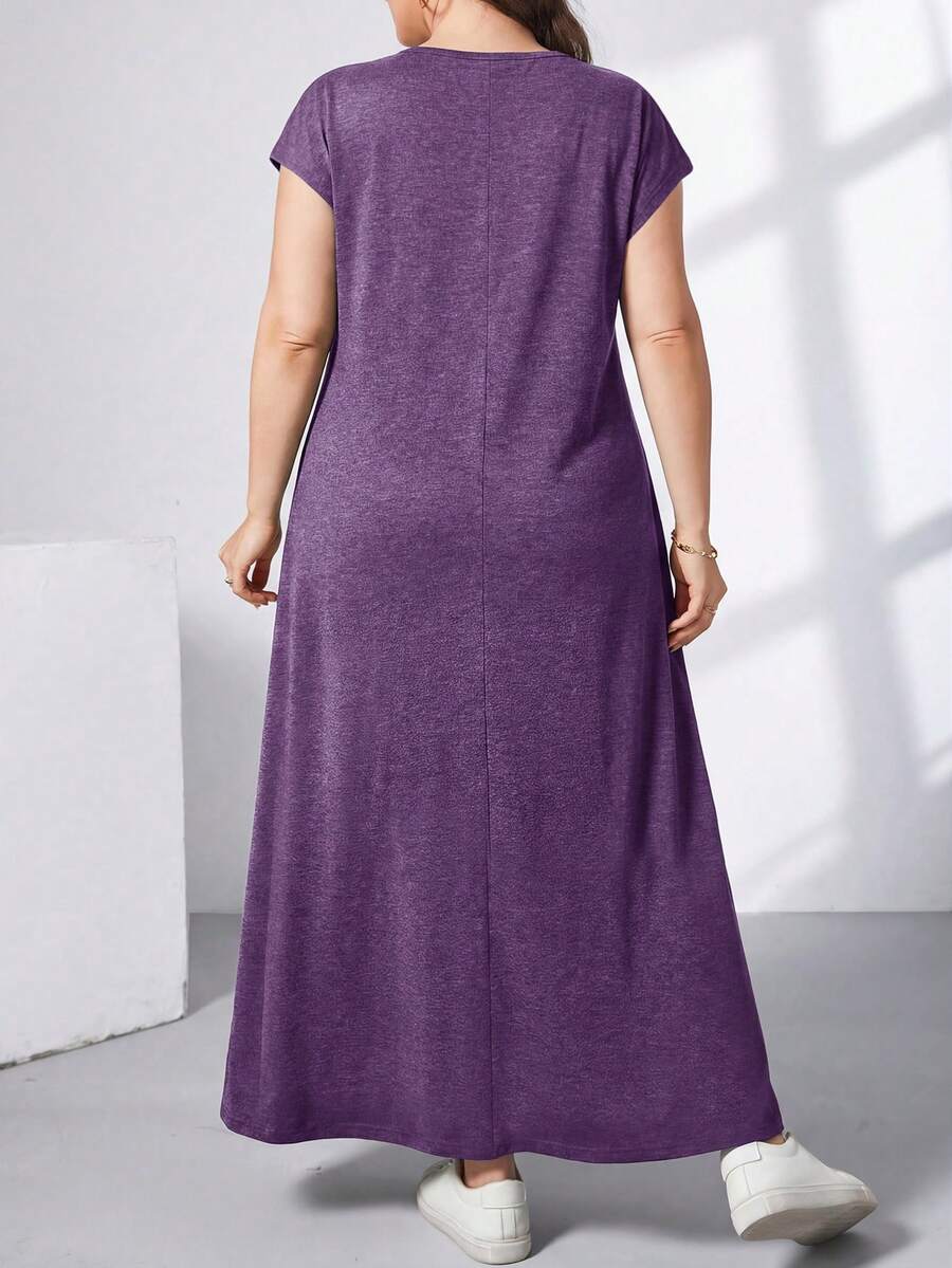 Ženska ležerna haljina plus size, jednobojna, sa okruglim izrezom, kratkim rukavima i džepom
