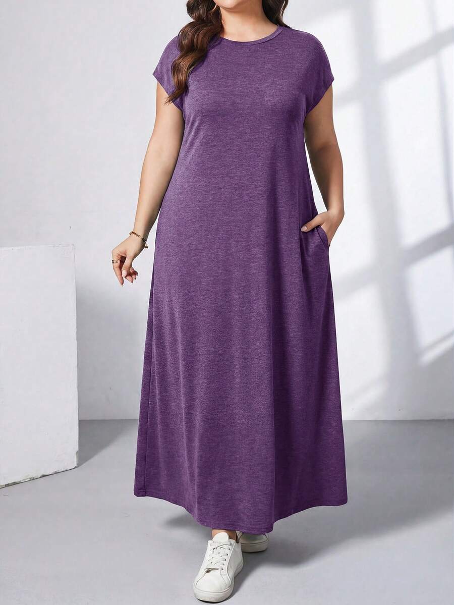 Ženska ležerna haljina plus size, jednobojna, sa okruglim izrezom, kratkim rukavima i džepom