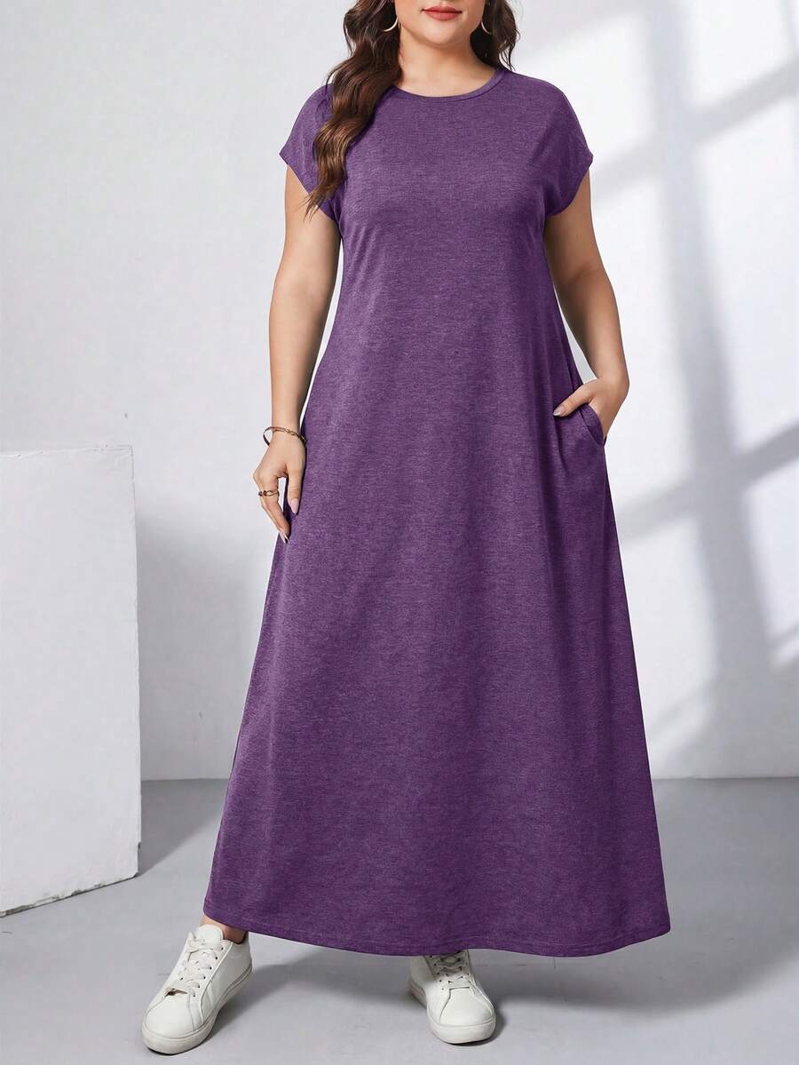 Ženska ležerna haljina plus size, jednobojna, sa okruglim izrezom, kratkim rukavima i džepom