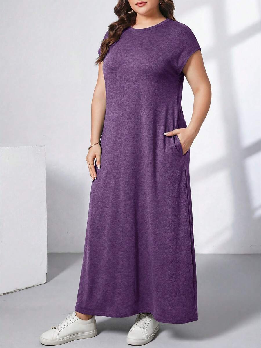 Ženska ležerna haljina plus size, jednobojna, sa okruglim izrezom, kratkim rukavima i džepom