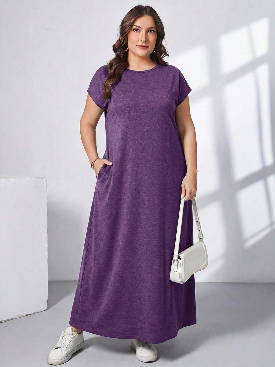 Ženska ležerna haljina plus size, jednobojna, sa okruglim izrezom, kratkim rukavima i džepom