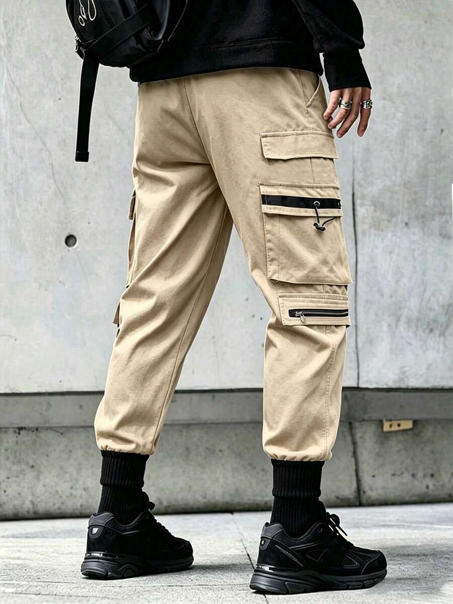 Muške široke cargo pantalone sa perticom u struku, jednobojne