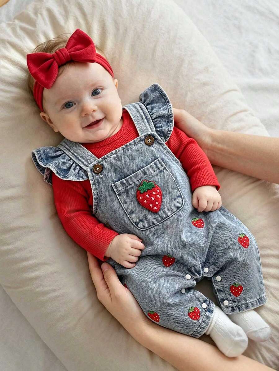 2 kom/set bebi bodi za devojčice, od prane teksas tkanine, sa 3D izvezenim filc jagodama