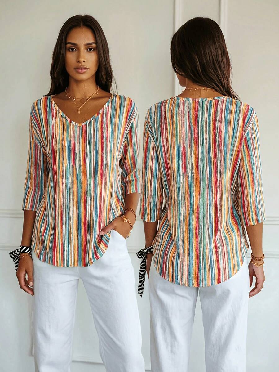 Bluza sa geometrijskim printom srca i dijamanta, V-izrez, 3/4 rukavi, plus size