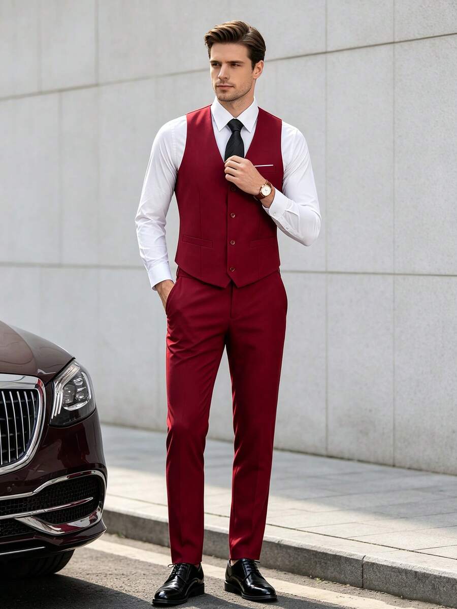 Muški set od 4 dela, elegantan jednobojan slim fit prsluk, pantalone i set kravate