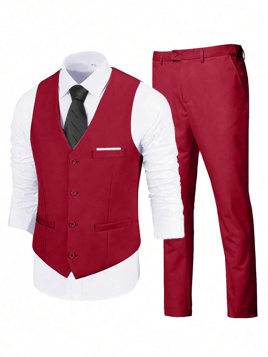 Muški set od 4 dela, elegantan jednobojan slim fit prsluk, pantalone i set kravate