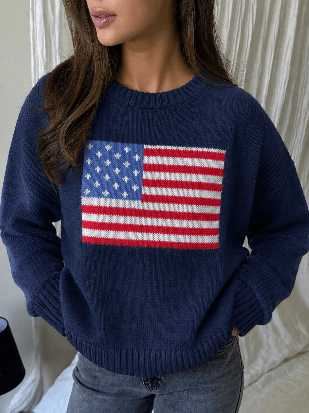 Ženski džemper za jesen/zimu u teget boji sa žakarskim uzorkom američke zastave