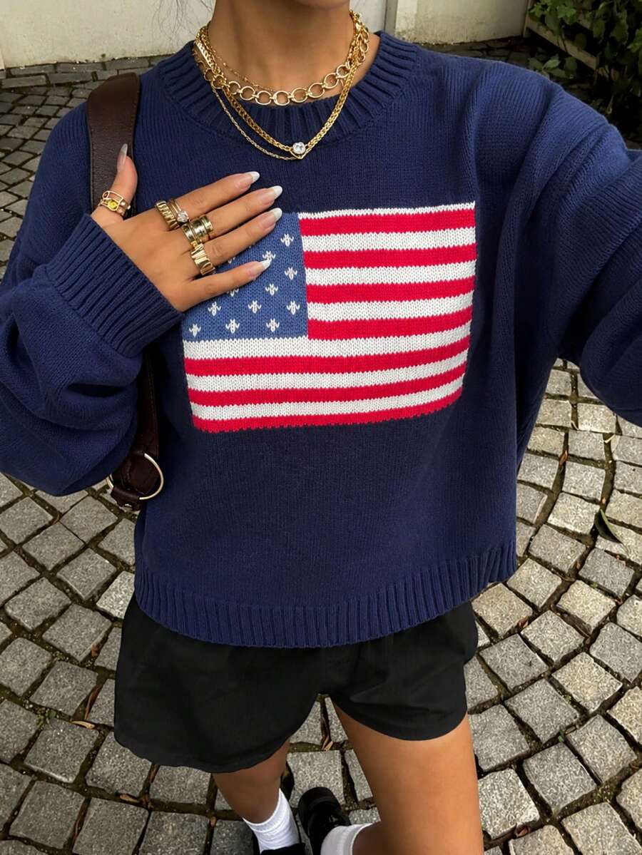 Ženski džemper za jesen/zimu u teget boji sa žakarskim uzorkom američke zastave